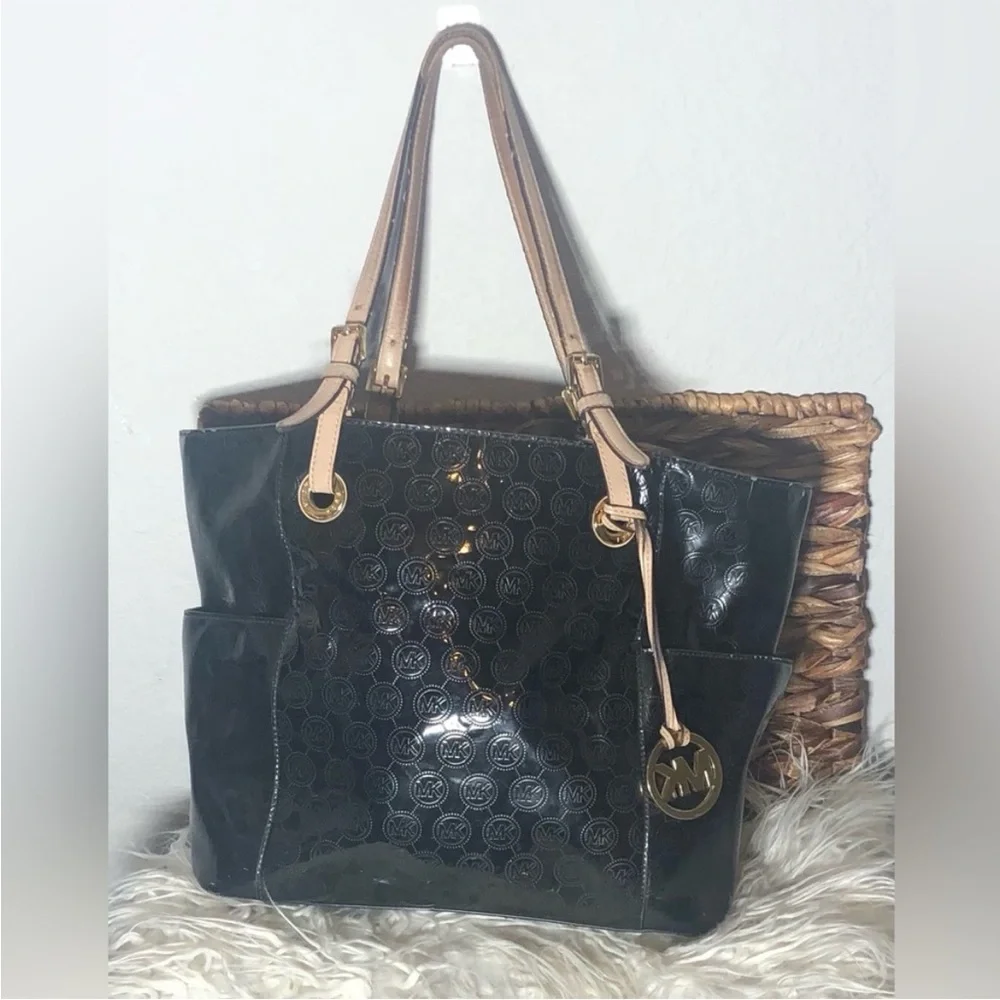 Michael Kors Large Tote Coated Canvas Leather Tech Handbag Black Jet Set - Picture 14 of 14